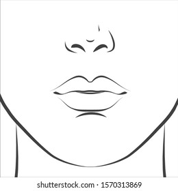 Woman’s face parts eyes, lips and nose. Black line sketching design elements. Vector