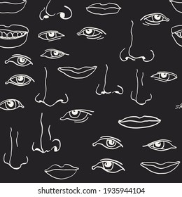 Face Parts. Nose, Eyes, Mouth. Seamless Linear Pattern. On Black