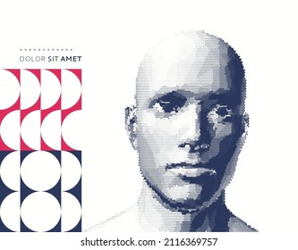 A face pattern consisting of dots. Facial recognition. Technology concept. Cover design template. Cyber security vector illustration. 