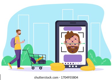 Face payment. Smartphone scans man face, man use facial recognition application to login to system to buy. Payment using Face Recognition. Biometric Identification Concept. Vector on city background