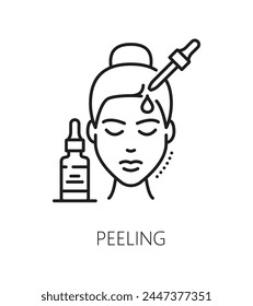 Face peeling icon for cosmetology and skincare or cosmetic product, line vector. Bottle and dropper with serum drop in outline icon for chemical peeling or face skincare treatment linear pictogram