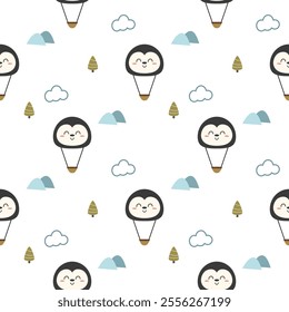 Face penguin hot air balloon cartoon so cute. On cloud tree mountain white background. Pattern seamless vector illustration. 