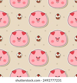 Face pig cartoon so cute. On cupcake heart background. Pattern seamless vector illustration. 