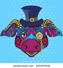 Face of pig gentleman with hat and monocle, vector illustration isolated on pop art dots background