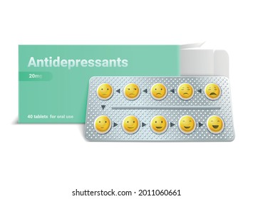 Face pills tablets blister realistic composition package of antidepressants and all pills with smiley faces step by step improving mood vector illustration 