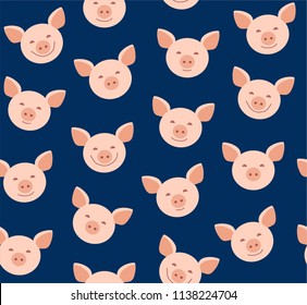 Face pink pigs on a blue background. Vector flat pattern. Pigs are laughing, different emotions. 