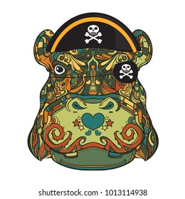Face of pirate ornamental hippo with skull on pirate hat, vector line art illustration isolated on white background