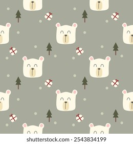 Face polar bear cartoon so cute. On tree gift snow green background. Pattern seamless vector illustration. 