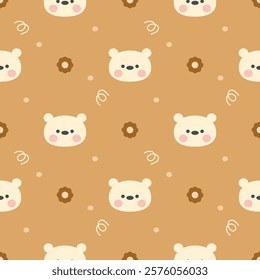 Face polar bear cartoon so cute. On flower yellow background. Pattern seamless vector illustration. 