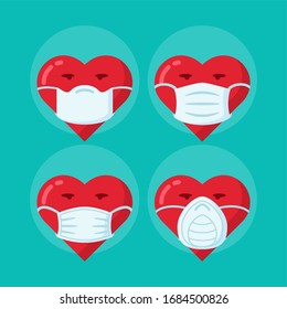 Face pollution mask with heart concept. Medical masks smog dust danger protection or health disease cough breath protective devices allergy for hospital flat vector set.