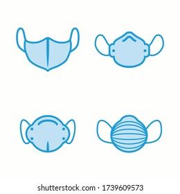 Enfrentar el conjunto de iconos de la máscara de contaminación para protección, prevención, seguridad y atención de la salud. Iconos de máscaras, ilustración vectorial.