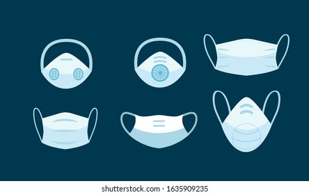 face pollution mask or masker icon for protection disease, cough breath protective devices allergy for hospital flat vector set