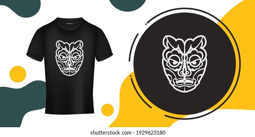 Face from Polynesian patterns. Tiki mask in Hawaiian style. Template for prints of t-shirts. Vector illustration.