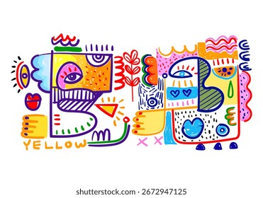 Retrato de la cara abstracción doodle. diseño geométrico y de Ilustración vectorial de arte de pared de Formas. Mujer Abstractas, hombre silueta cubismo.