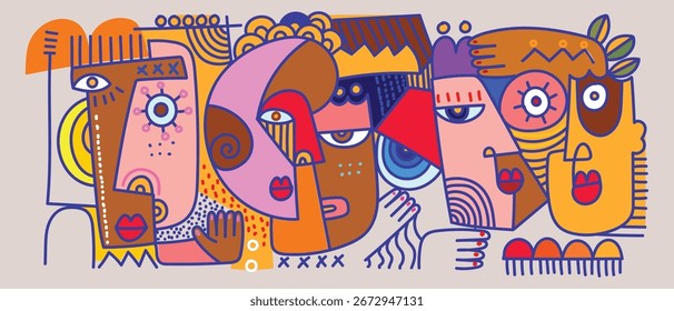 Abstraktionsdoodle im Gesicht. geometrische und Formen Wandkunst Vektorgrafik-Design. Abstrakte Frau, Mann Silhouette Kubismus.