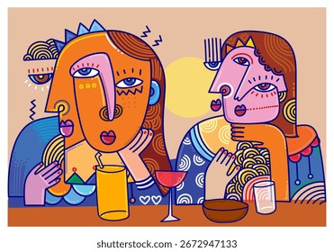 Retrato de la cara abstracción doodle. diseño geométrico y de Ilustración vectorial de arte de pared de Formas. Mujer Abstractas, hombre silueta cubismo.