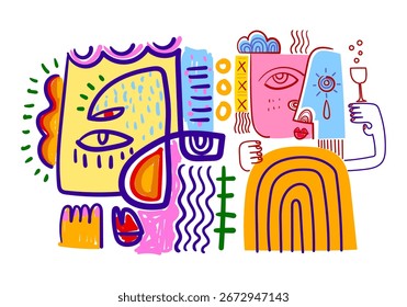 Face portrait abstraction doodle. geometric and shapes wall art vector illustration design. Abstract woman, man silhouette cubism.
