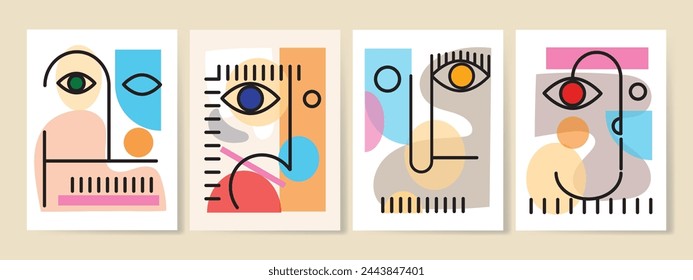 Face portrait abstraction geometric, shapes and doodle hand drawn vector wall art illustration. Creative graphic design minimalist silhouette cubism people.