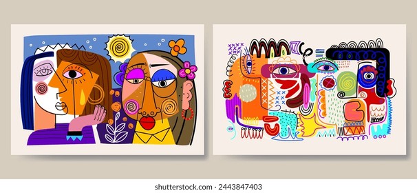 Face portrait abstraction geometric, shapes and doodle hand drawn vector wall art illustration. Creative graphic design minimalist silhouette cubism people.