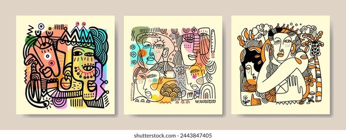 Abstracción de retrato de cara geométrica, formas y garabato dibujado a mano vector ilustración de arte de la pared. Diseño gráfico creativo silueta minimalista cubismo personas.