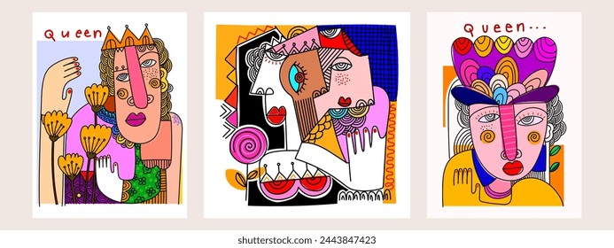 Face portrait abstraction geometric, shapes and doodle hand drawn vector wall art illustration. Creative graphic design minimalist silhouette cubism people.