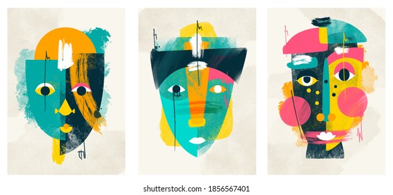 Face Portrait Abstraction Wall Art Illustration Design Vector. Creative Shapes Design Graphics With Textured Geometric Shapes. Abstract Geometric Face Minimalism. Girl Or Woman Silhouette Cubism. 