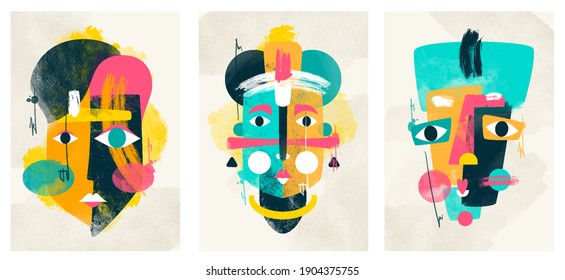 vector de diseño de ilustración de arte de pared abstracción de retrato facial. las formas creativas diseñan gráficos con formas geométricas texturadas. minimalismo de rostro geométrico abstracto. cubismo de silueta de niña o mujer. 