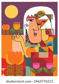 Ilustración vectorial de fondo de arte de pared abstracción de retrato de cara. Formas creativas, gráfico geométrico con diseño colorido texturizado. Estética para tarjetas, póster, portada, fondo, decoración.