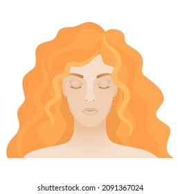 Face portrait of a beautiful female woman with closed eyes and long curly red hair, eyelashes and freckles on her cheeks. Isolated vector illustration