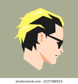 face portrait looking sideways. wear sunglasses. colored short hairstyles. avatar for social media. for profile, template, print, sticker, poster, etc. geometric vector illustration.