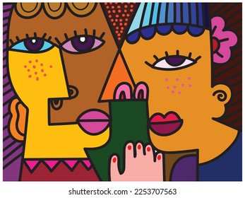 Face portrait man and woman hand drawn decorative line art vector illustration.