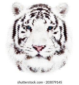 Face portrait of a white bengal tiger, isolated on white background. Amazing mask of the biggest cat. Wild beauty of the most dangerous, but cute and cuddly beast. Vector image, made of big dots.