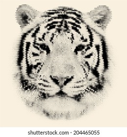 Face portrait of a white bengal tiger, isolated on grunge background. Amazing mask of the biggest cat. Wild beauty of the most dangerous, but cute and cuddly beast. Vector image, made of big dots.