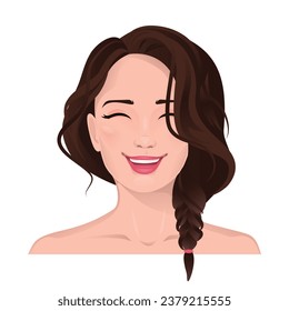 Face portrait of women with brown hair. Facial expression with smiling gesture isolated vector illustration. Avatar for a social network. Vector flat illustration, web, design, beauty and make up.