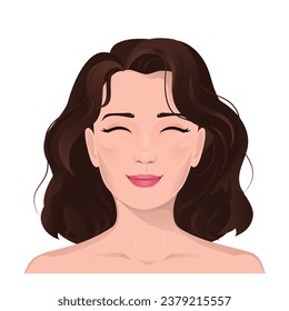 Face portrait of women with brown hair. Facial expression with smiling gesture isolated vector illustration. Avatar for a social network. Vector flat illustration, web, design, beauty and make up.