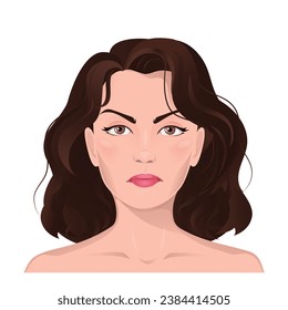 Face portrait of women with brown hair. Facial expression with gesture isolated vector illustration. Avatar for a social network. Vector flat illustration, web, design, beauty and make up.	