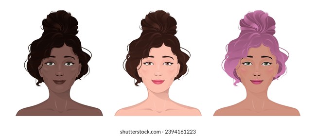 Face portrait of women with divers skin and hair. Facial expression with gesture isolated vector illustration. Avatar for a social network. Vector flat illustration, web, design, beauty and make up.	