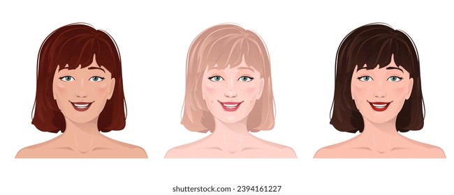 Face portrait of women with divers skin and hair. Facial expression with gesture isolated vector illustration. Avatar for a social network. Vector flat illustration, web, design, beauty and make up.	