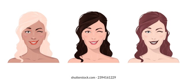 Retrato facial de mujeres con piel y pelo de buceador. Expresión facial con ilustración vectorial aislada de gestos. Avatar para una red social. Ilustración vectorial plana, web, diseño, belleza y maquillaje.	