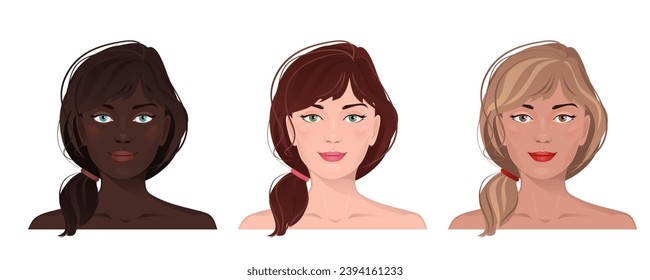 Face portrait of women with divers skin and hair. Facial expression with gesture isolated vector illustration. Avatar for a social network. Vector flat illustration, web, design, beauty and make up.	