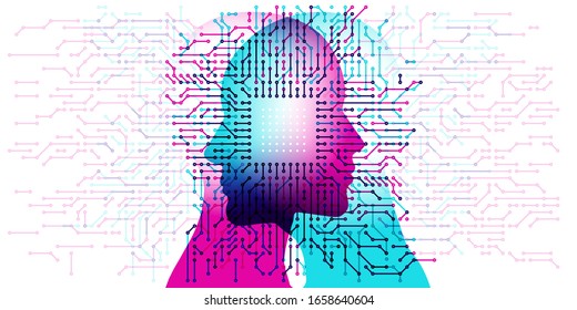 A face to face positioned male & female silhouette overlaid with circuit board, computer and electronic details and patterns. A white CPU grid detail is centrally positioned.