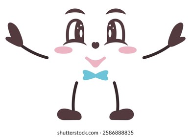 Face with positive emotions with arms and legs. Color vector illustration. Isolated white background. Cartoon style. Smiling facial expression, blush, eyebrows, bow tie. Cute grimace. 