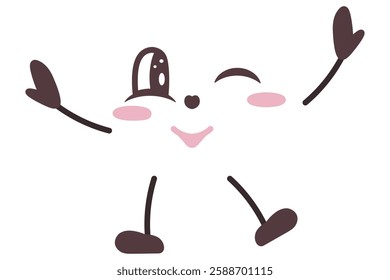 Face with positive emotions, hands raised up, legs dancing. Winking facial expression. Smile, blush. Color vector illustration. Isolated white background. Cartoon style. Idea for web design.