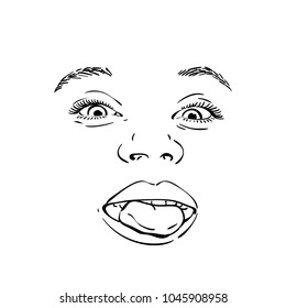 Face of positive happy teenage girl going crazy showing her tongue, Vector black linear sketch on white background