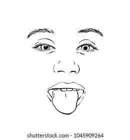 Face of positive happy teenage girl going crazy showing her tongue, Vector black linear sketch on white background