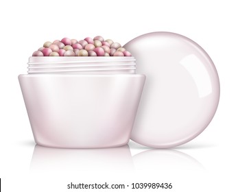 Face Powder Pearls in open container. Isolated on White background