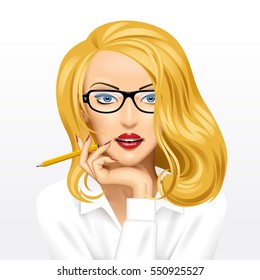 Face of a pretty blonde business woman in glasses with a pencil in hand isolated on white background. Vector illustration