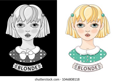 Face of a pretty blonde. Cartoon blonde girl. Cute little teen. Vector. Color, monochrome black and white vector pictur. Cartoon style. Blonde girl in green dress.