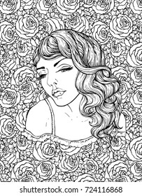 Face of pretty elegant boho girl on floral background with roses. Beautiful wavy curly hair and pouty lips. Hand drawn amazing floral bohemia coloring book page for adult.