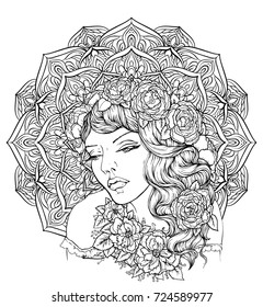 Face of pretty elegant boho girl with floral wreath on exquisite mandala background. Beautiful wavy curly hair and pouty lips. Hand drawn amazing floral bohemia coloring book page for adult.